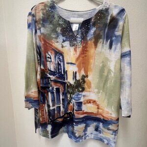 Artsy Beaded Sparkles Boho Romantic Italian Venice Scenic V-neck Top Size L